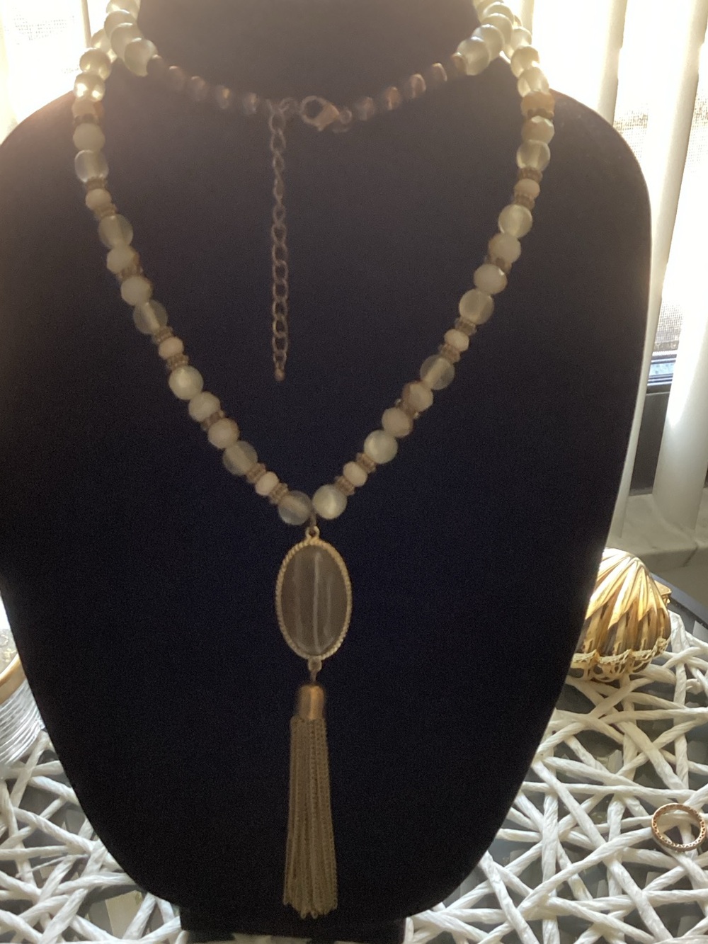 Gold-Tone Beaded Necklace with Cream Beads & Tassel